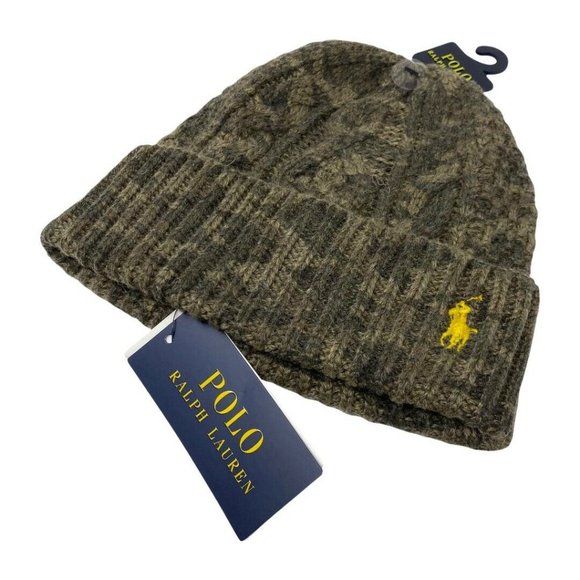 POLO RALPH LAUREN Camouflage Cable Knit Camo Beanie Hat Olive Green - Picture 6 of 12